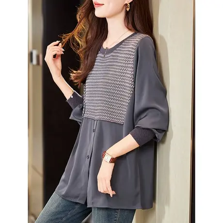 宝诗黎假两件针织拼接衬衫女春季长袖套头衬衣2024新款设计感上衣商品大图