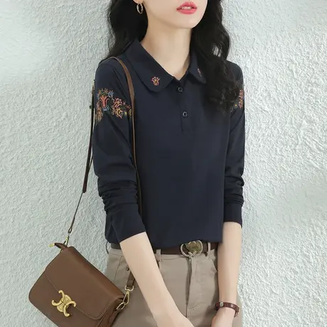 韩潮袭人POLO领刺绣长袖打底T恤女2024早春新款休闲显瘦上衣体恤图片