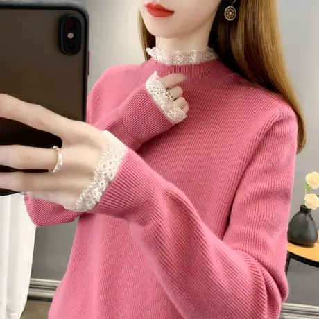 半高领毛衣女蕾丝打底衫2023秋冬新款宽松外穿针织衫加厚内搭上衣商品大图