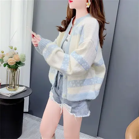 日系甜美条纹毛衣外套女宽松2023新款秋季短款小个子针织开衫上衣图片