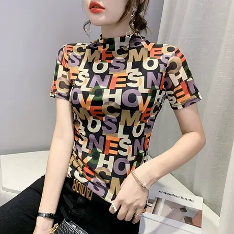 时尚印花T恤女短袖夏装2023新款欧货洋气网纱上衣修身百搭打底衫商品大图