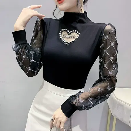 性感镂空上衣女长袖欧货内搭半高领打底衫春装气质网纱拼接T恤ins商品大图