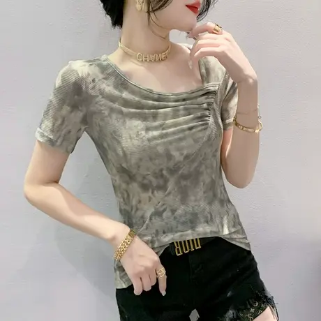 时尚斜领网纱T恤女短袖2024夏季新款气质减龄小衫别致印花上衣潮商品大图