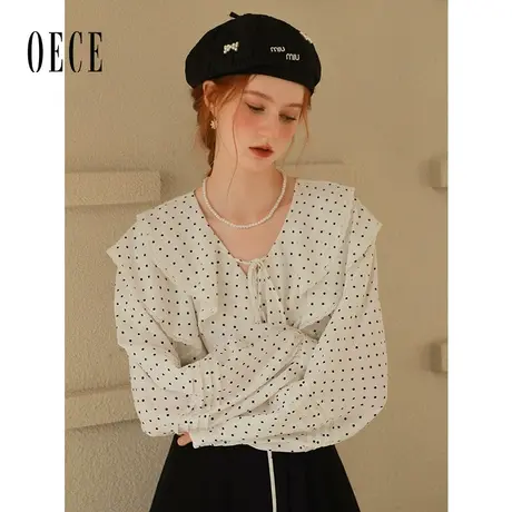 Oece复古波点衬衫女2024春季新款女装设计感气质上衣减龄衬衣商品大图