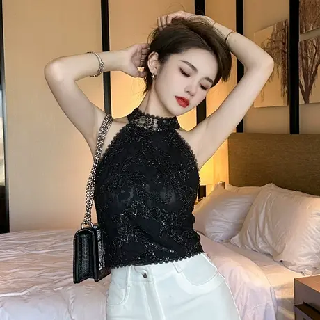 性感挂脖无袖背心蕾丝衫2023新款时尚气质女人味亮片黑色上衣短款商品大图