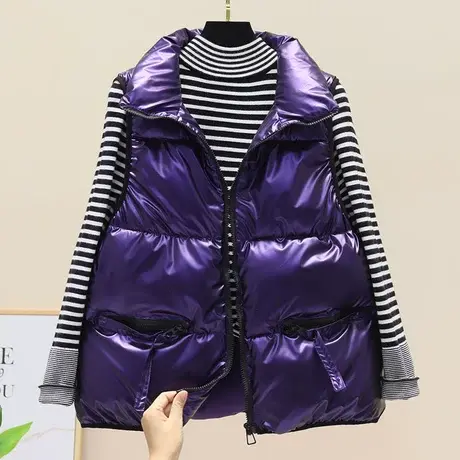 羽绒棉服女2023新款休闲立领免洗羽绒棉马夹背心亮面坎肩马甲女装商品大图
