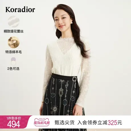 珂莱蒂尔女装通勤木耳边白色圆领高级感提花蕾丝长袖上衣打底衫商品大图