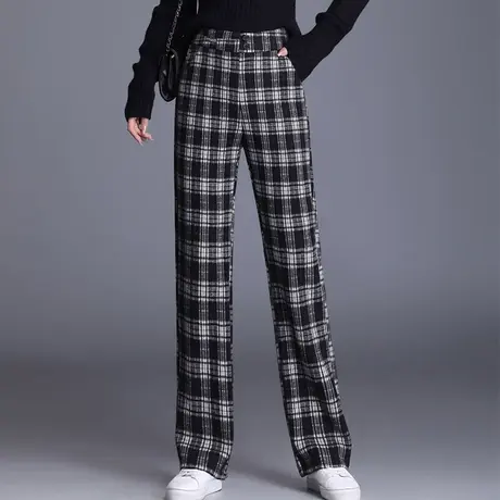 毛呢格子直筒裤女秋冬2023新款高腰显瘦垂感长裤窄版阔腿休闲裤子商品大图