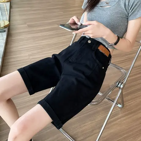 黑色五分牛仔裤女2024夏季薄款高腰宽松显瘦ins松紧腰直筒中裤潮商品大图
