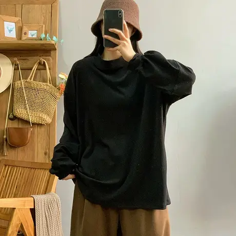 dza 复古纯色全棉德绒灯笼袖T恤女秋冬半高领内搭上衣宽松打底衫商品大图