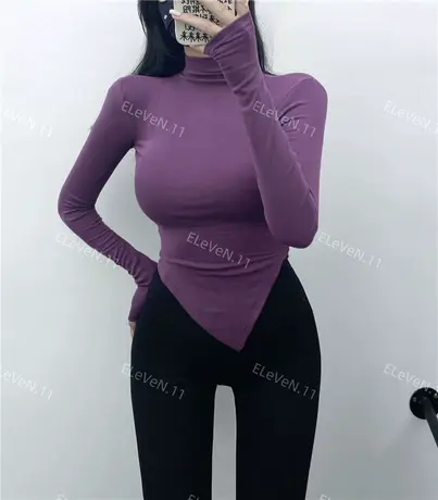 打底衫也要美美~秋冬内搭纯色基础高领长袖T恤不规则下摆修身上衣商品大图