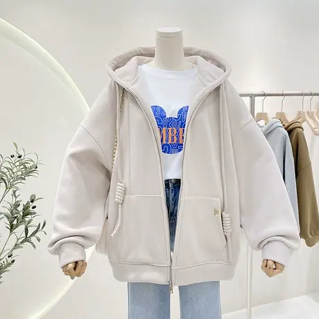 加绒开衫卫衣连帽外套女秋冬韩版慵懒风宽松拉链休闲加厚保暖上衣商品大图