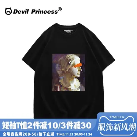 欧美复古风印花黑色纯棉短袖t恤女宽松bf慵懒风ins潮夏季纯棉半袖商品大图