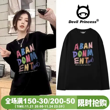 韩系vibe学院风黑色卡通设计感t恤女长袖ins慵懒风小众短袖上衣潮图片