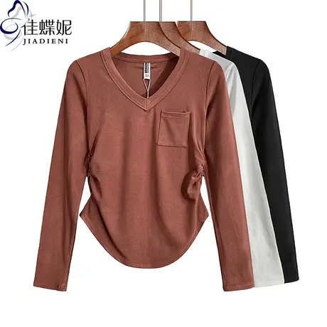 秋冬新款V领修身褶皱纯欲纯棉纯色带口袋长袖体恤上衣女打底衫商品大图