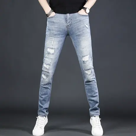 高端潮牌破洞牛仔裤男春季2024年新款修身小脚浅色破洞补丁男裤子商品大图