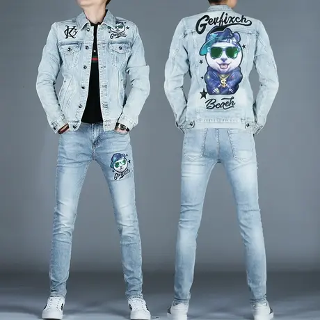 烫钻复古黄泥牛仔套装男款秋冬牛仔外套夹克上衣男士新款修身男裤图片