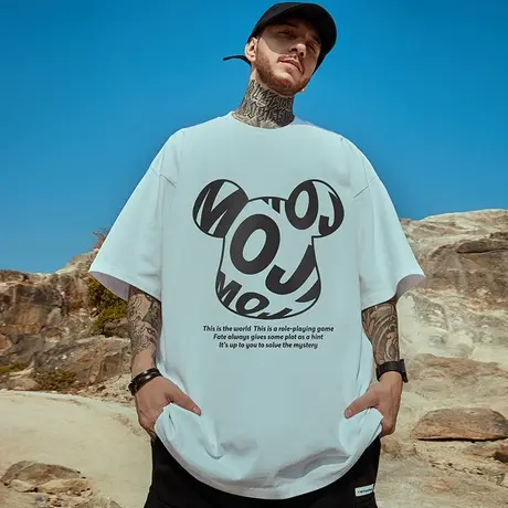 oversize潮牌胖子大码男装国潮小熊宽松短袖纯棉T恤潮情侣半袖潮商品大图