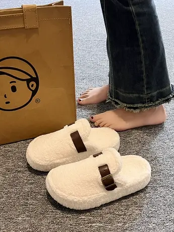 毛毛鞋女冬季加绒懒人包头半拖鞋外穿2023新款秋冬棉拖厚底勃肯鞋商品大图