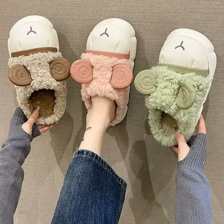可爱绵羊棉拖鞋女秋冬季外穿家居家室内防滑厚底保暖毛绒月子拖鞋图片