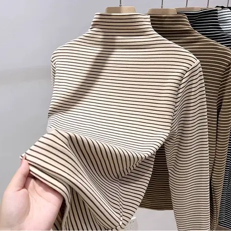 加厚保暖半高领打底衫女内搭德绒长袖T恤秋冬季修身显瘦条纹上衣商品大图