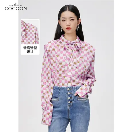 missCOCOON爱心印花衬衫女2023新款春季系带蝴蝶结设计感小众上衣商品大图