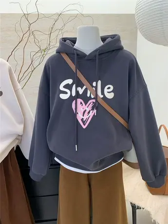 字母爱心设计感小众加绒加厚连帽卫衣女冬季新品慵懒风帽衫外套潮商品大图