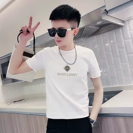 夏季刺绣字母t恤男装短袖修身半袖潮流紧身圆领打底衫潮牌ins体恤商品大图