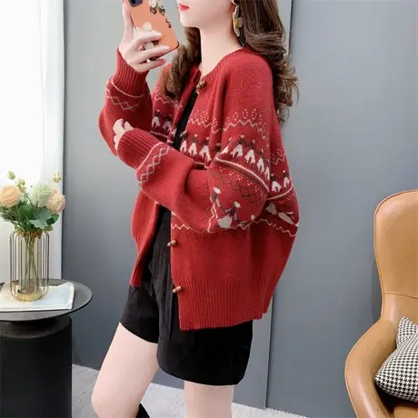 复古学院风圣诞红色提花毛衣外套女春季2024新款洋气减龄针织上衣图片