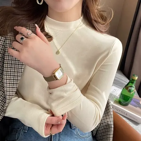 加绒加厚长袖T恤女秋冬季内搭德绒保暖打底衫修身半高领外穿秋衣商品大图