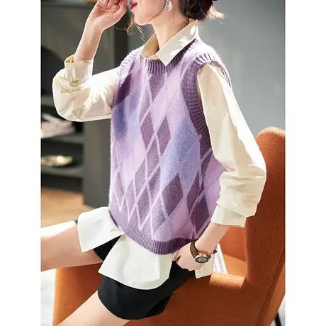 宝诗黎圆领格子针织马甲背心OL气质长袖衬衫女两件套2024春季新款商品大图