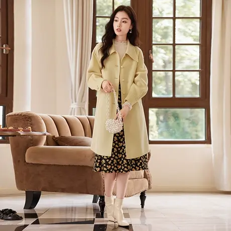 【直播间】香影大翻领双面呢大衣女2023冬季新款100%纯羊毛黄色商品大图