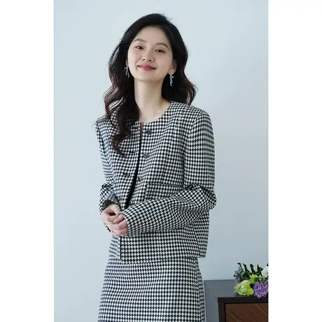 2024春新款法式小香风短外套女千鸟格半裙套装时尚减龄洋气设计感图片