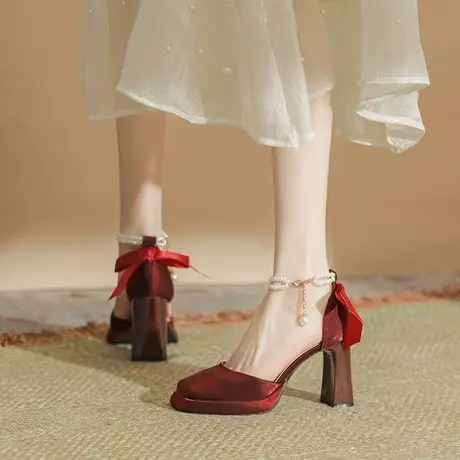 小个子超高跟鞋女2024年新款方头珍珠一字扣新娘婚鞋两穿粗跟单鞋商品大图