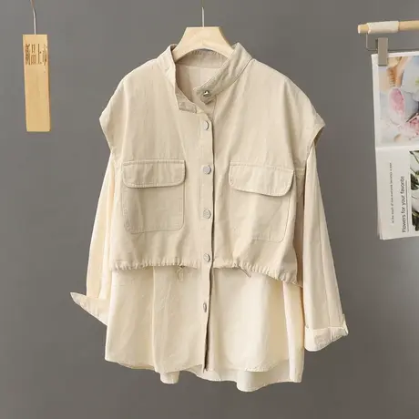 马甲假两件衬衫女春秋季宽松2024年新款休闲马夹拼接衬衣叠穿上衣图片