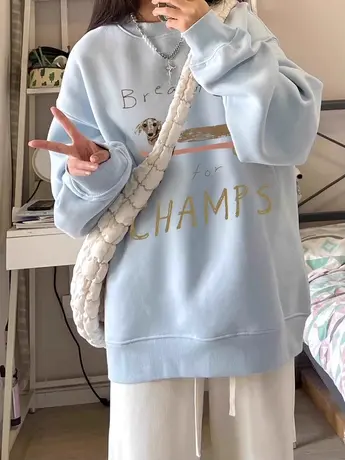 奶系减龄圆领卫衣女oversize大码加绒学生外套冬ins潮牌印花上衣商品大图