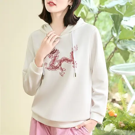 时尚龙年刺绣卫衣女春秋2024年春装新款时尚休闲连帽上衣服套头衫图片