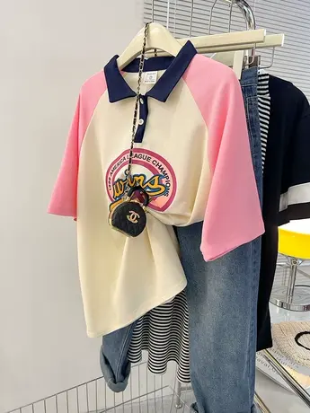 纯棉polo领插肩短袖t恤女夏季新款设计感小众宽松洋气减龄上衣服商品大图