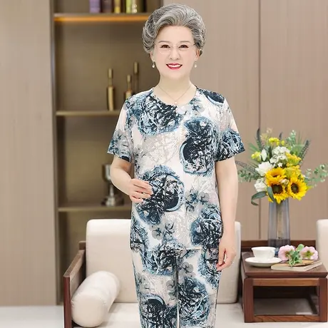 妈妈夏装大码宽松冰丝套装女中老年短袖T恤老年人奶奶上衣家居服图片