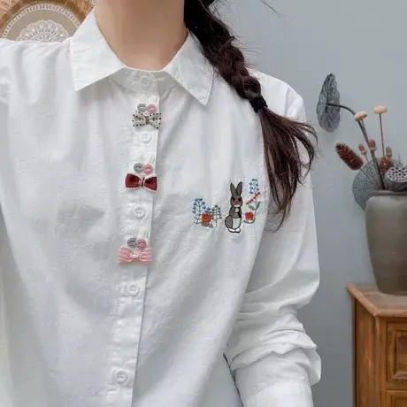 春秋新款学院风软妹减龄刺绣纯棉长袖白色衬衫女学生百搭打底上衣商品大图