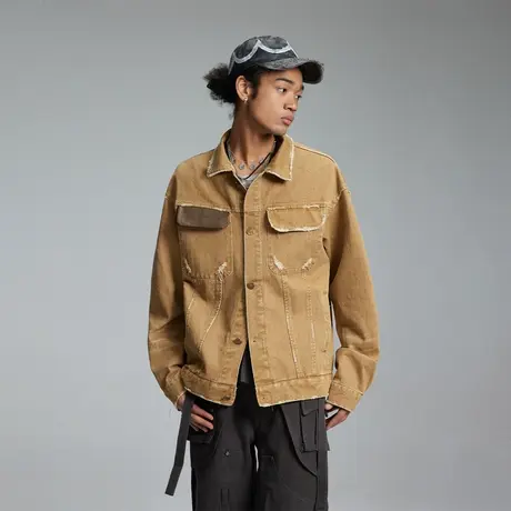 美式复古做旧牛仔外套男女春秋季新款潮牌咖色情侣装宽松短款夹克商品大图