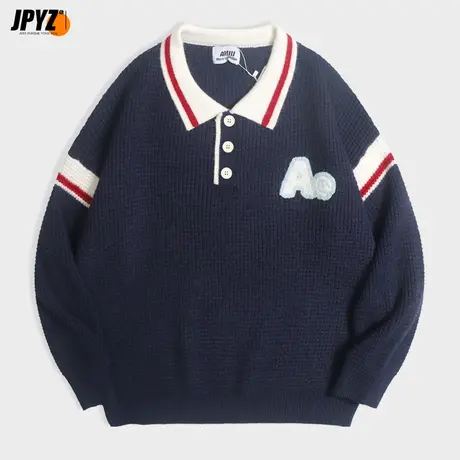 华夫格秋冬季毛衣男冬款修身打底衫长袖学院风青年刺绣休闲针织衫商品大图