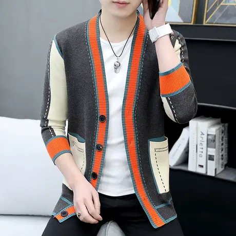 新款男士时尚开衫毛衣春秋季潮流韩版撞色线衣帅气休闲针织衫外套商品大图