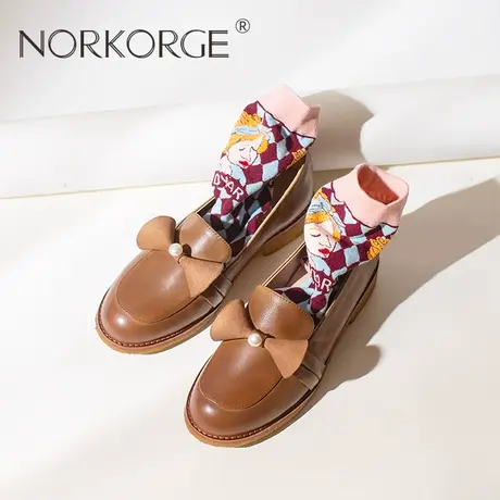 2023新款春秋复古杏色蝴蝶结单鞋女真皮圆头粗跟软底乐福鞋小皮鞋商品大图