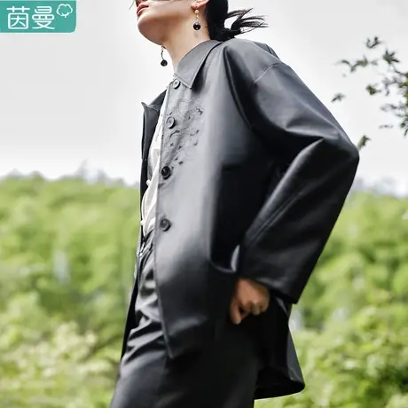 茵曼新中式PU皮外套女2024年春季新款休闲中长款黑色长袖衬衫上衣图片