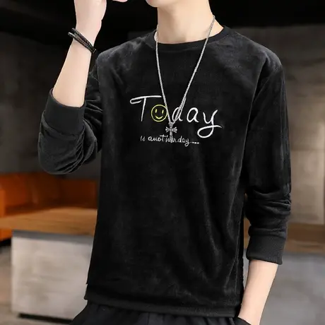 金丝绒长袖t恤男秋冬季潮牌百搭休闲秋衣加绒加厚打底衫男士卫衣商品大图