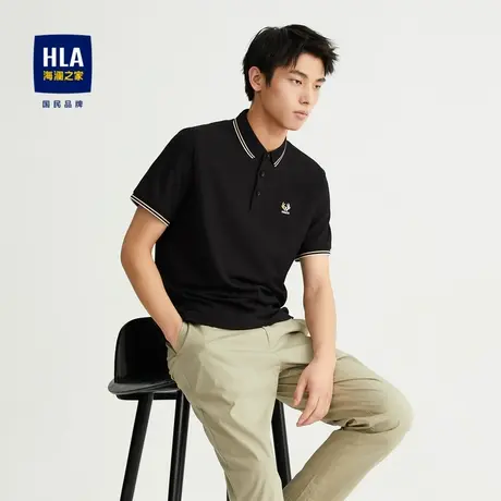 HLA/海澜之家珠地短袖POLO衫23春夏新撞色立体鹿角刺绣黑色T恤男图片