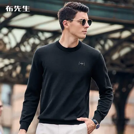 MrBu布先生撞色英文绣花针织衫秋冬新款弹力圆领男长袖衫BT11978商品大图