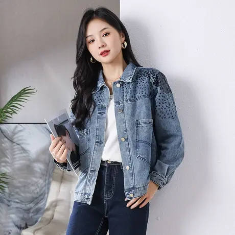 时尚重工亮片显瘦牛仔外套2023年秋季新款女装大码胖mm宽松上衣女图片