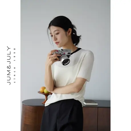 嘉茱莉2023秋季新款羊毛针织衫短袖女撞色圆领针织套头毛衣短款图片